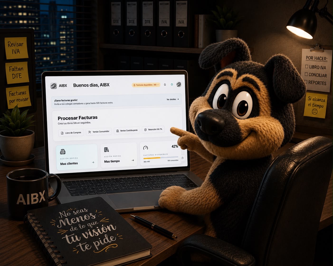 Mascota AIBEX feliz mostrando la plataforma para procesar facturas y recuperar tiempo