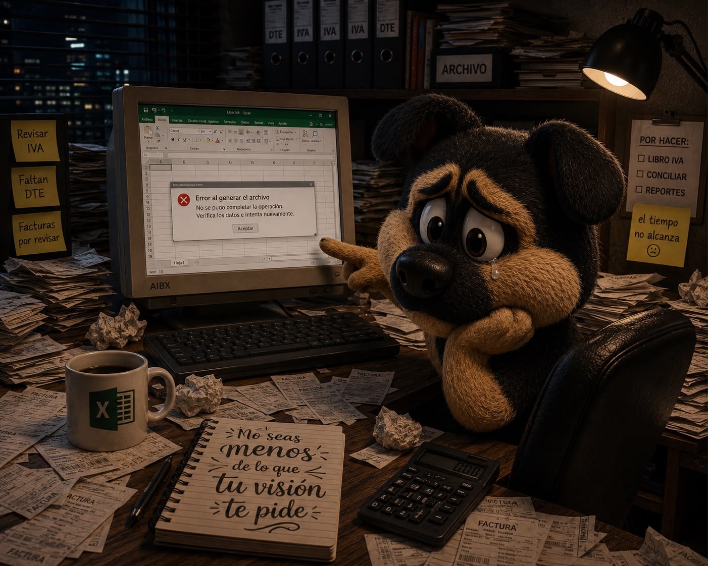 Mascota AIBEX triste frente a facturas y una hoja de cálculo que requiere digitación manual