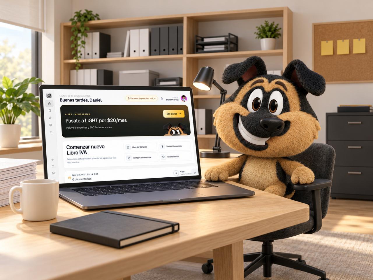 Mascota AIBEX feliz mostrando la plataforma para procesar facturas y recuperar tiempo