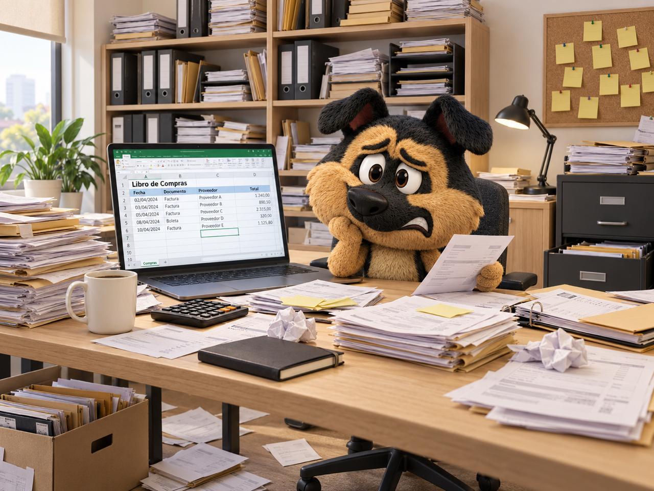 Mascota AIBEX triste frente a facturas y una hoja de cálculo que requiere digitación manual